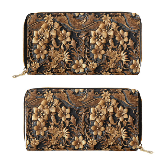 Print of Tooled Leather Large Gold Flowers with Blue Swirl Accents Leather Wallet (PU)