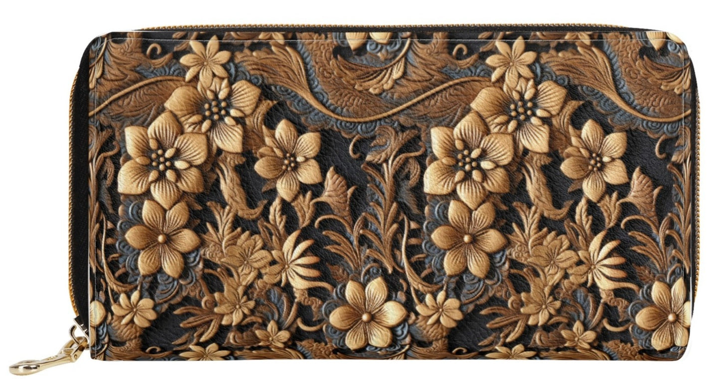 Print of Tooled Leather Large Gold Flowers with Blue Swirl Accents Leather Wallet (PU)