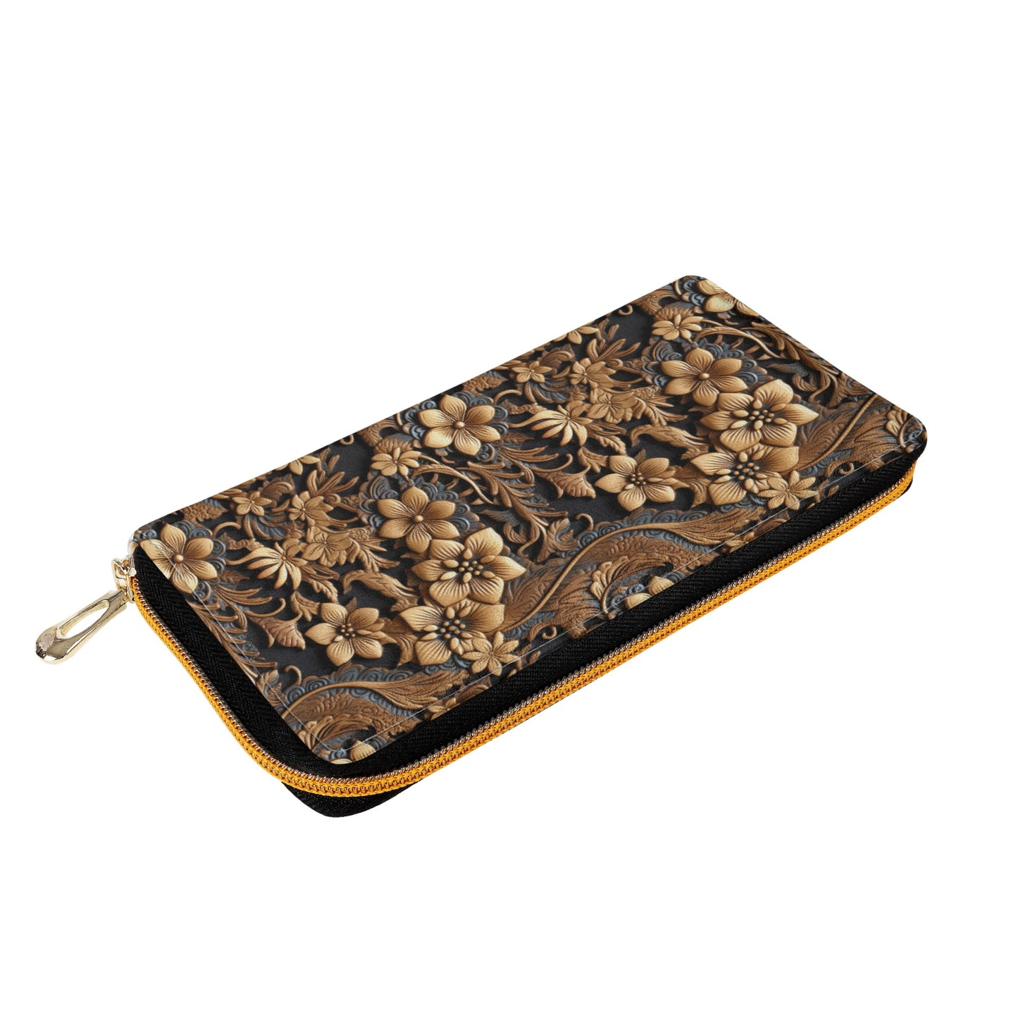 Print of Tooled Leather Large Gold Flowers with Blue Swirl Accents Leather Wallet (PU)