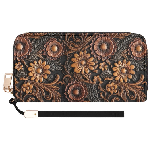 Print of Tooled Leather Large Red & Gold Flowers with Blue Accents - Wristlet Wallet Leather (PU)