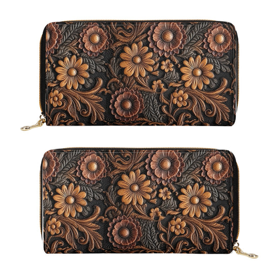 Print of Tooled Leather Large Red & Gold Flowers with Blue Accents Leather Wallet (PU)