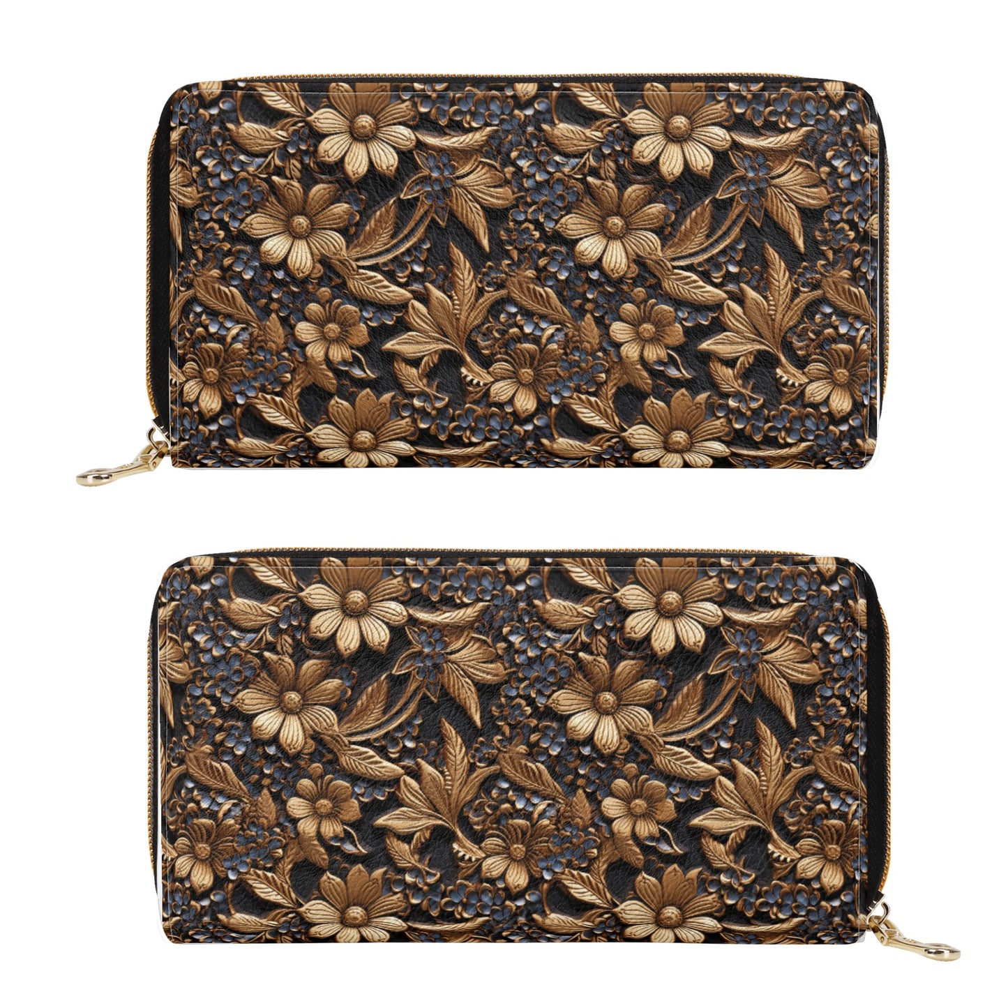 Print of Tooled Leather Gold Flowers with Blue Accents Leather Wallet (PU)