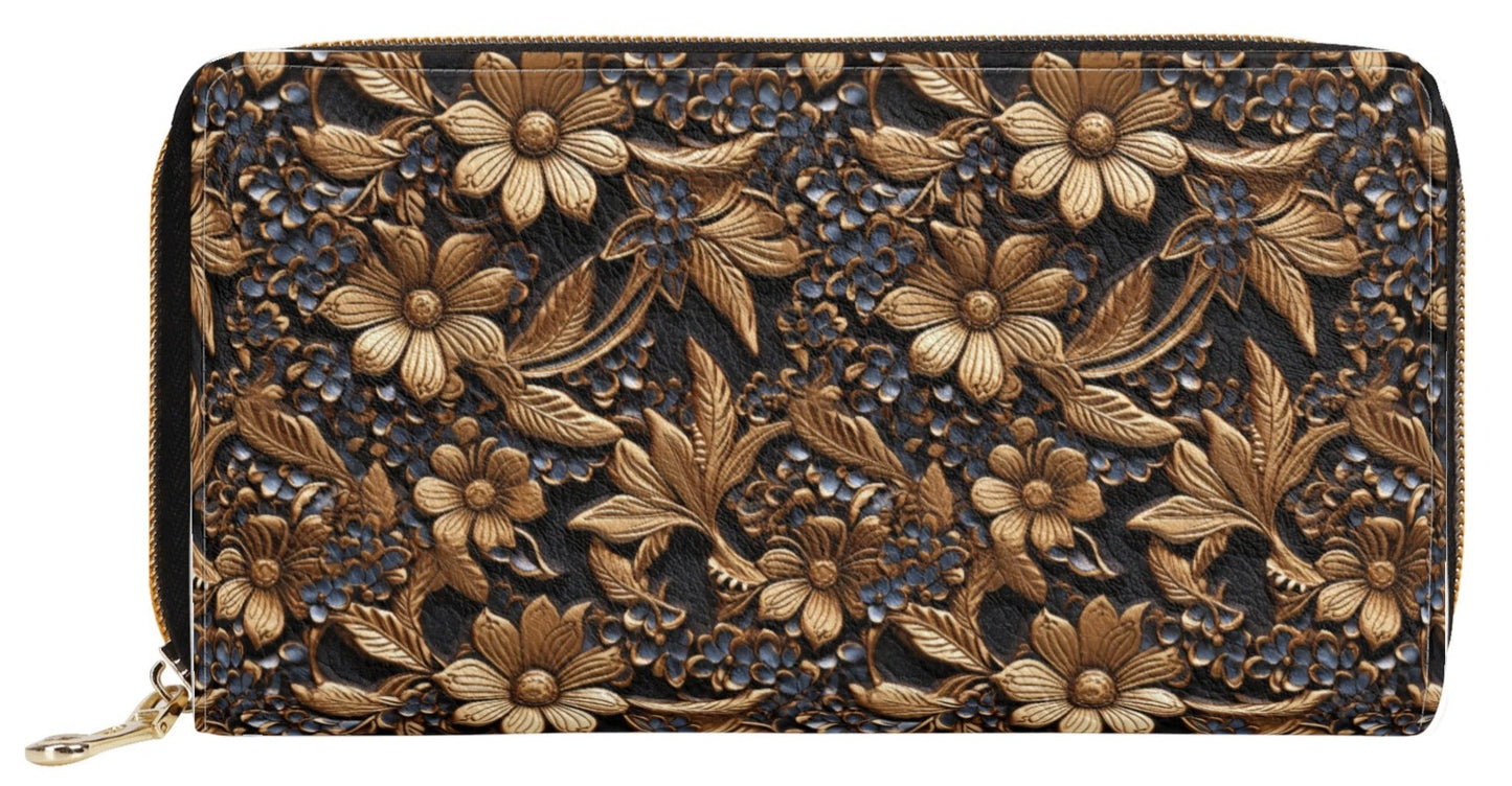 Print of Tooled Leather Gold Flowers with Blue Accents Leather Wallet (PU)