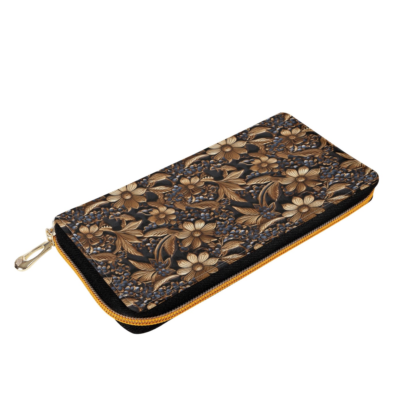 Print of Tooled Leather Gold Flowers with Blue Accents Leather Wallet (PU)