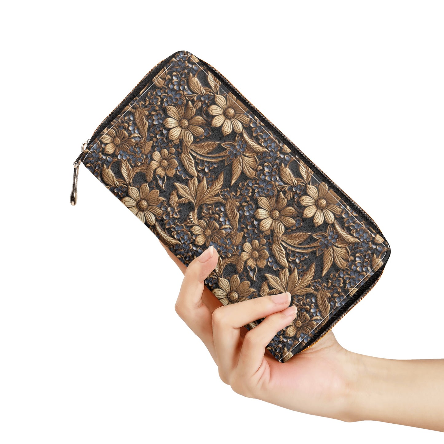 Print of Tooled Leather Gold Flowers with Blue Accents Leather Wallet (PU)