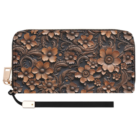 Print of Tooled Deep Brown Leather Flowers - Wristlet Wallet Leather (PU)