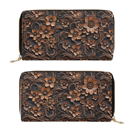 Print of Tooled Deep Brown Leather Flowers Leather Wallet (PU)