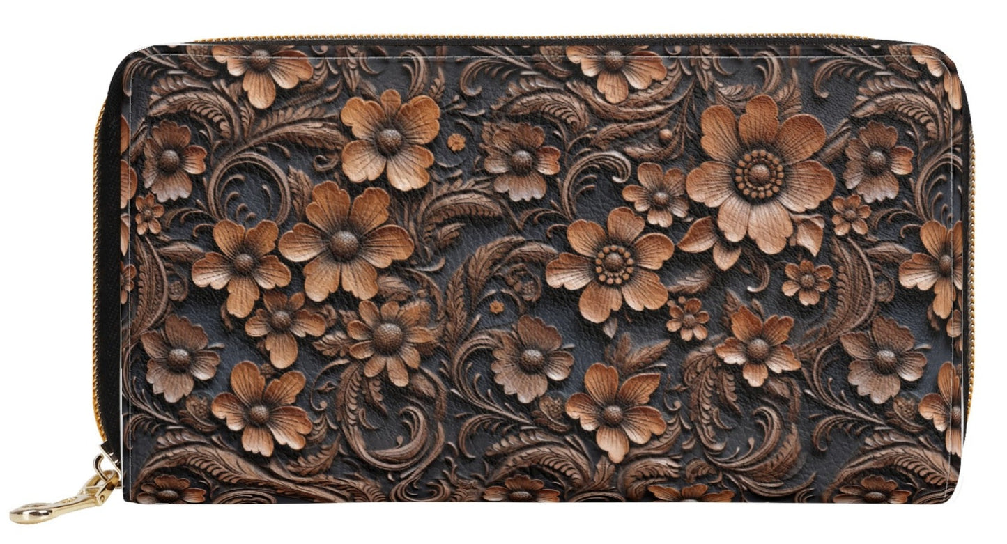 Print of Tooled Deep Brown Leather Flowers Leather Wallet (PU)