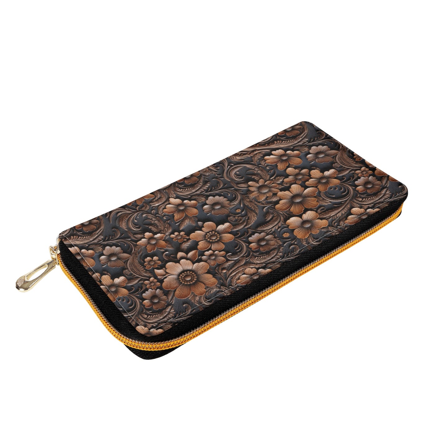 Print of Tooled Deep Brown Leather Flowers Leather Wallet (PU)