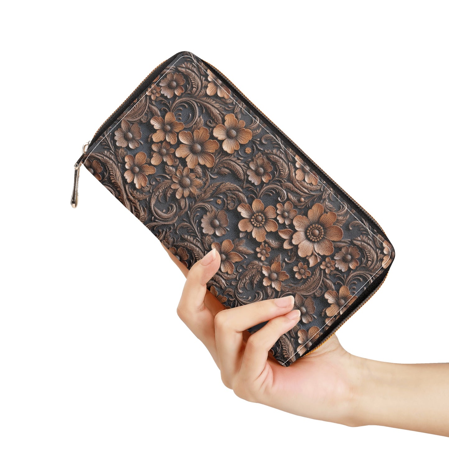 Print of Tooled Deep Brown Leather Flowers Leather Wallet (PU)