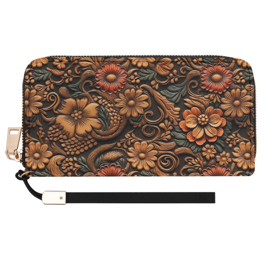 Print of Tooled Leather Flowers with Red and Blue Accent - Wristlet Wallet Leather (PU)