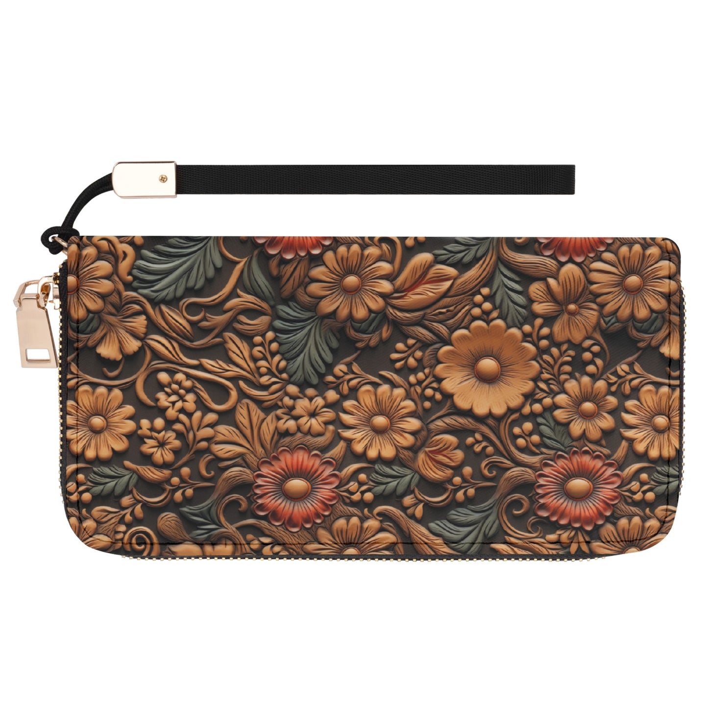 Print of Tooled Leather Flowers with Red and Blue Accent - Wristlet Wallet Leather (PU)