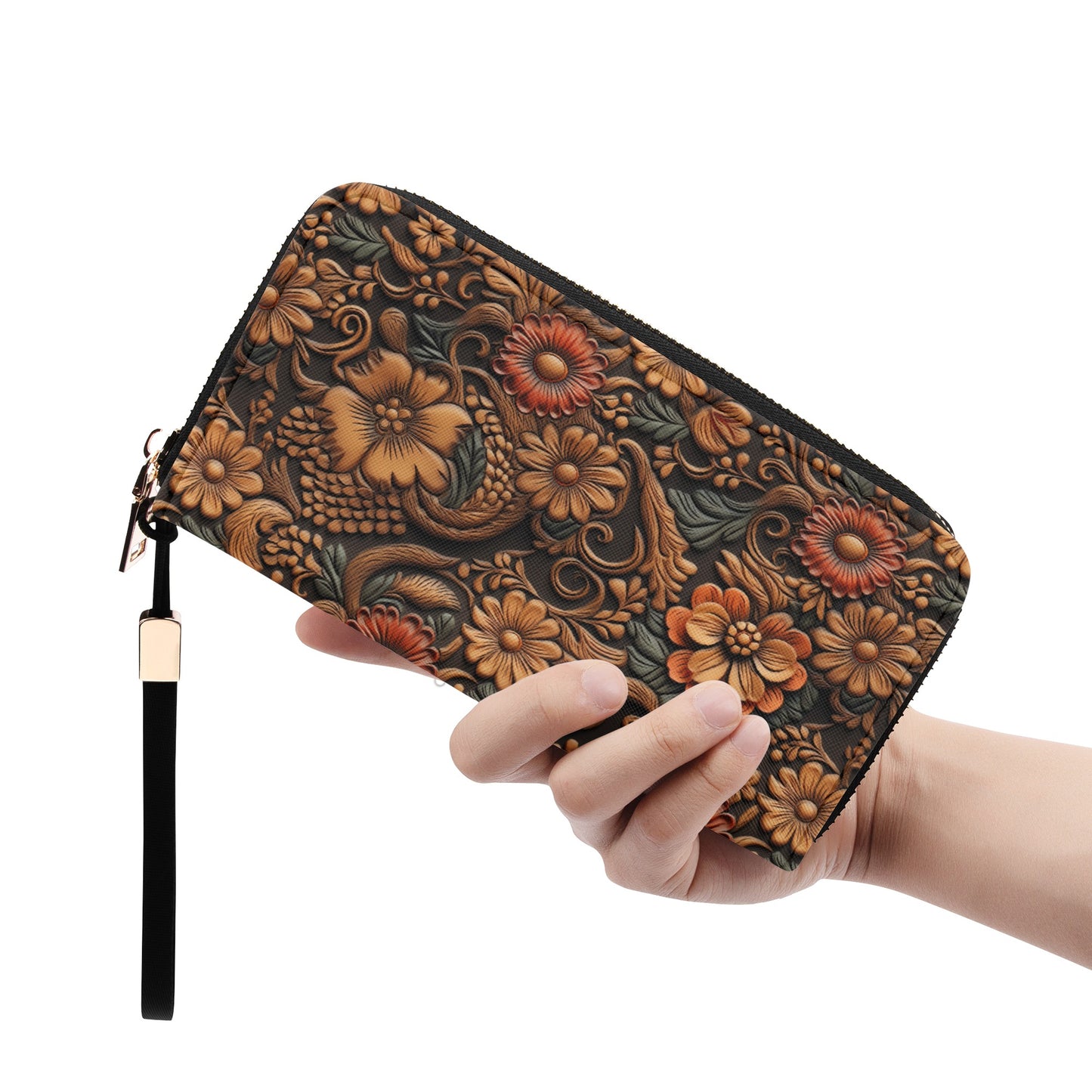 Print of Tooled Leather Flowers with Red and Blue Accent - Wristlet Wallet Leather (PU)