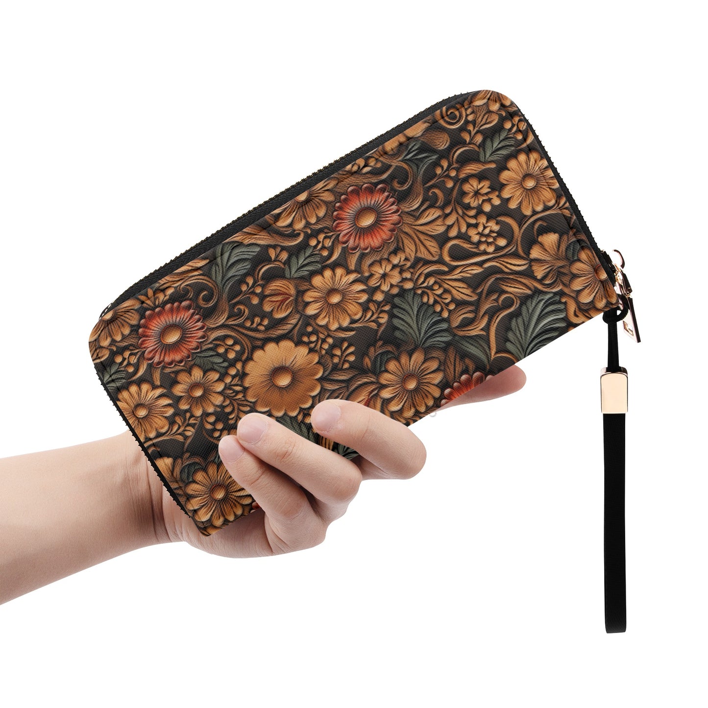 Print of Tooled Leather Flowers with Red and Blue Accent - Wristlet Wallet Leather (PU)