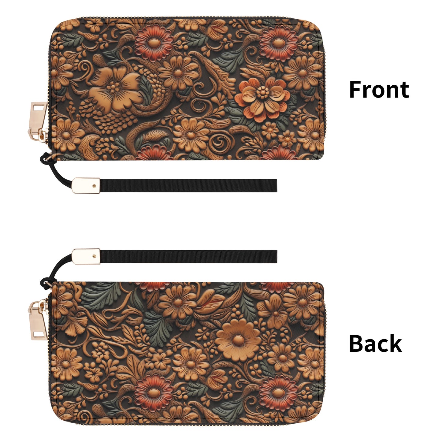 Print of Tooled Leather Flowers with Red and Blue Accent - Wristlet Wallet Leather (PU)