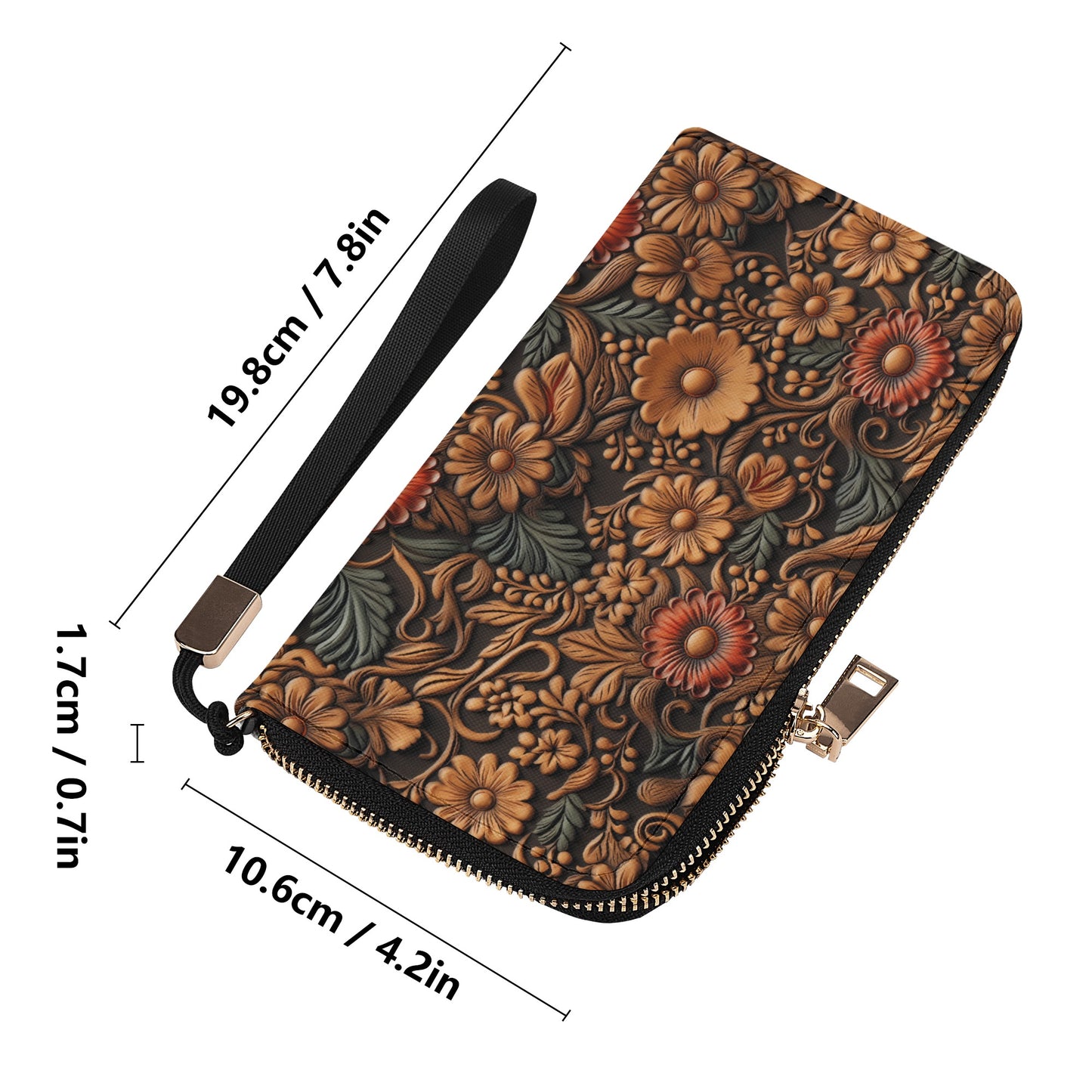 Print of Tooled Leather Flowers with Red and Blue Accent - Wristlet Wallet Leather (PU)