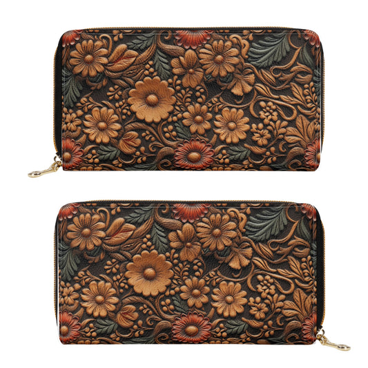 Print of Tooled Leather Flowers with Red and Blue Accent Leather Wallet (PU)