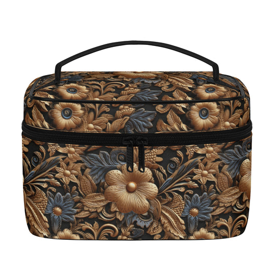 Tooled Leather Print Gold Flowers with Blue Leaves Accent Print Design - Cosmetic or Toiletry Bag Faux Leather (PU)