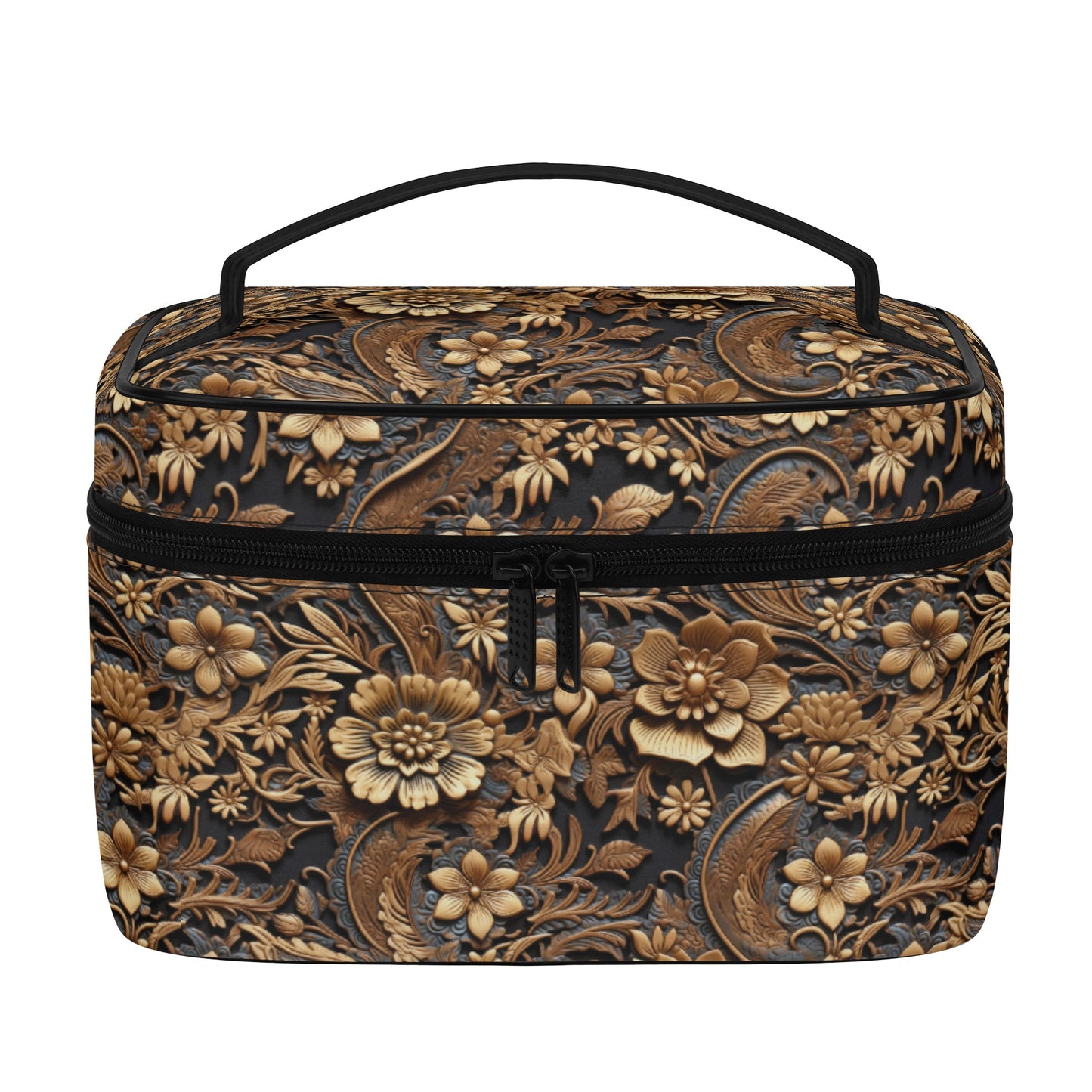 Tooled Leather Print of Large Gold Flowers with Blue Leaf Swirl Accents Print Design - Cosmetic or Toiletry Bag Faux Leather (PU)