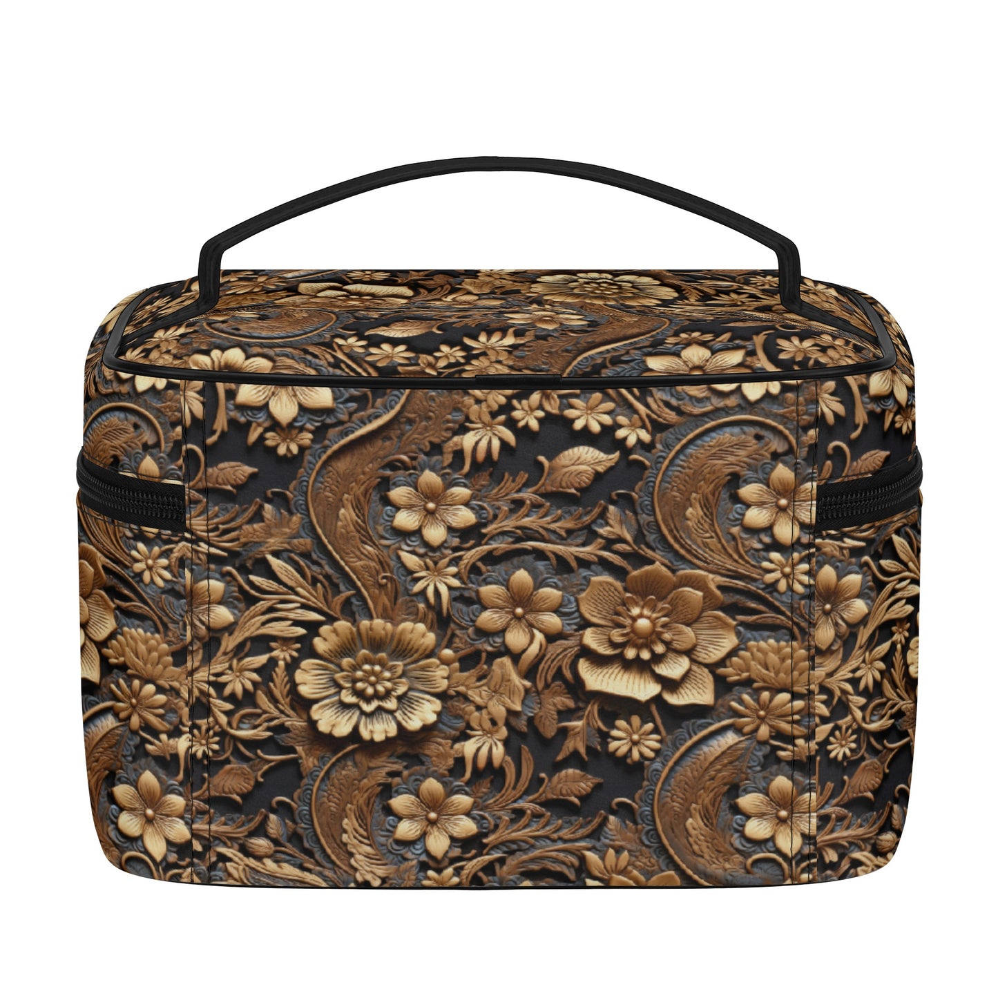 Tooled Leather Print of Large Gold Flowers with Blue Leaf Swirl Accents Print Design - Cosmetic or Toiletry Bag Faux Leather (PU)