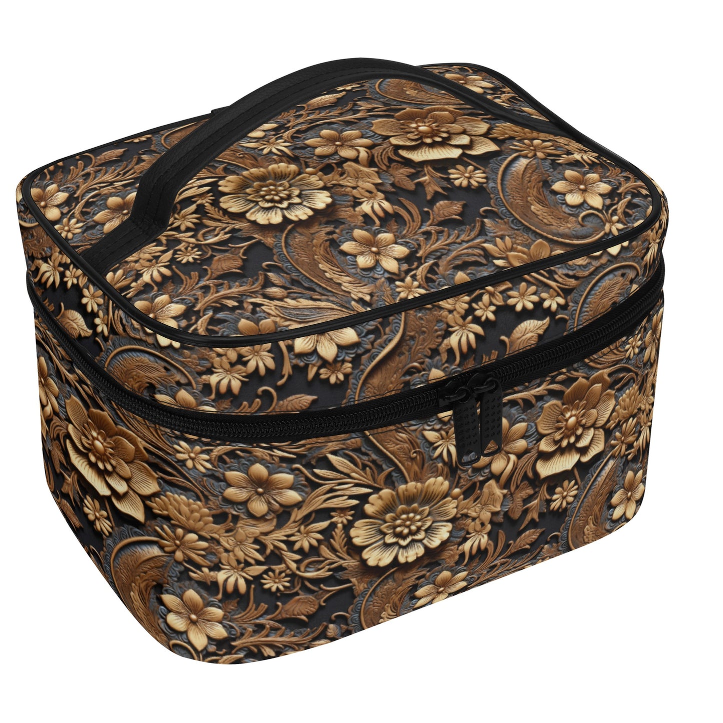 Tooled Leather Print of Large Gold Flowers with Blue Leaf Swirl Accents Print Design - Cosmetic or Toiletry Bag Faux Leather (PU)