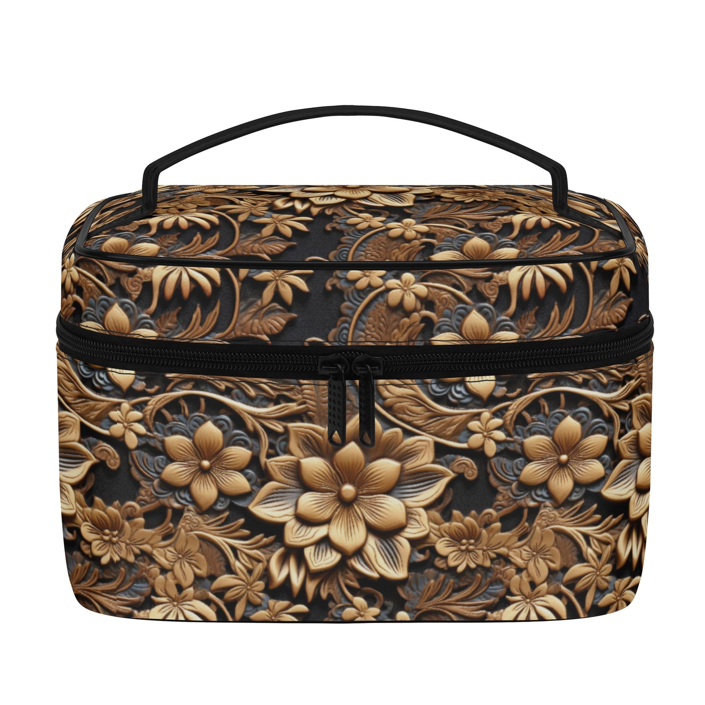 Tooled Print of Gold Leather Flowers with Blue Accent Print Design - Cosmetic or Toiletry Bag Faux Leather (PU)