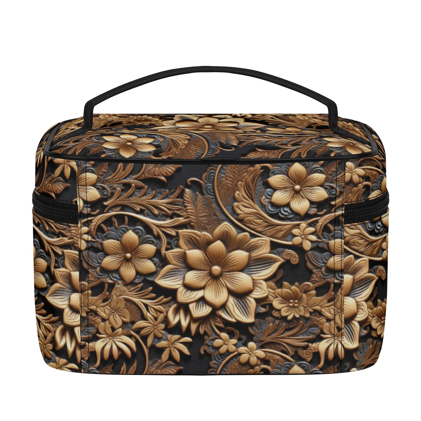 Tooled Print of Gold Leather Flowers with Blue Accent Print Design - Cosmetic or Toiletry Bag Faux Leather (PU)