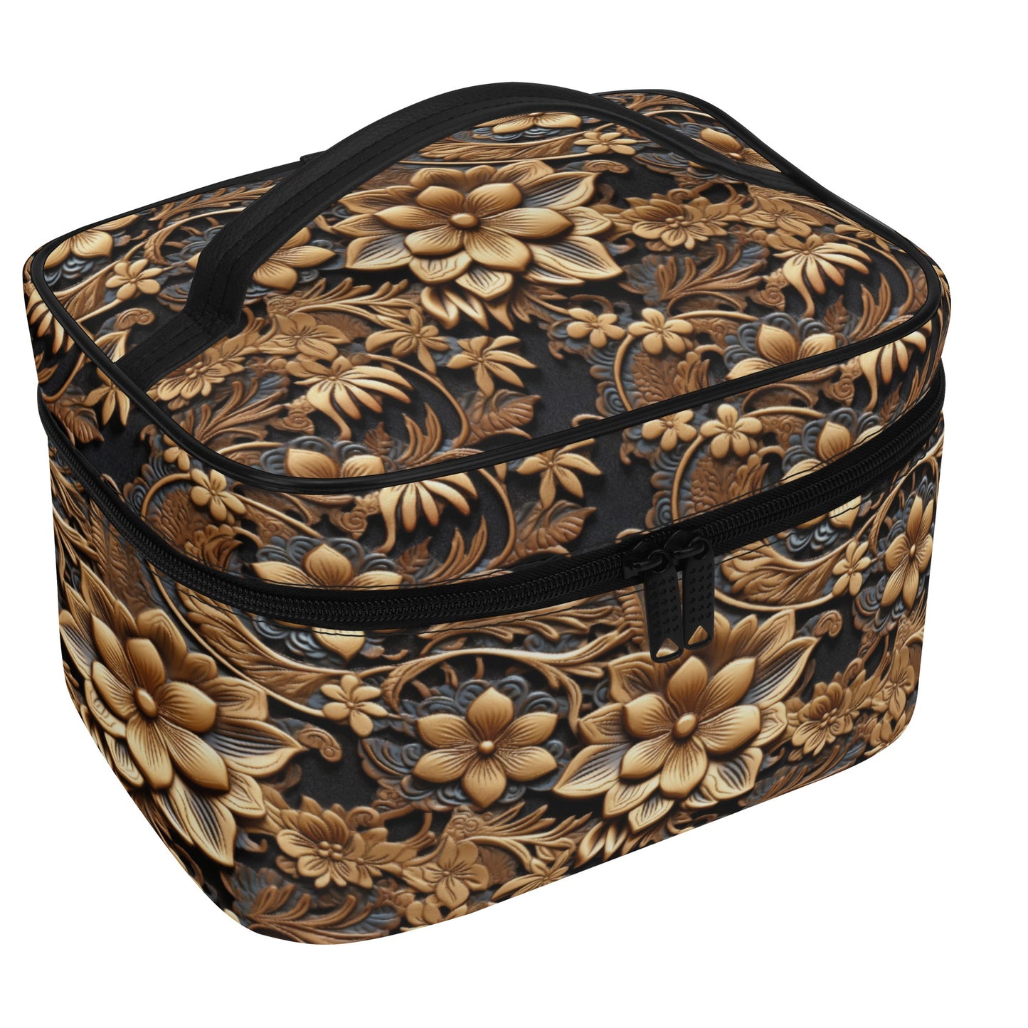 Tooled Print of Gold Leather Flowers with Blue Accent Print Design - Cosmetic or Toiletry Bag Faux Leather (PU)