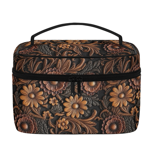 Tooled Leather Print of  Large Red & Gold Flowers with Blue Accents Print Design - Cosmetic or Toiletry Bag Faux Leather (PU)