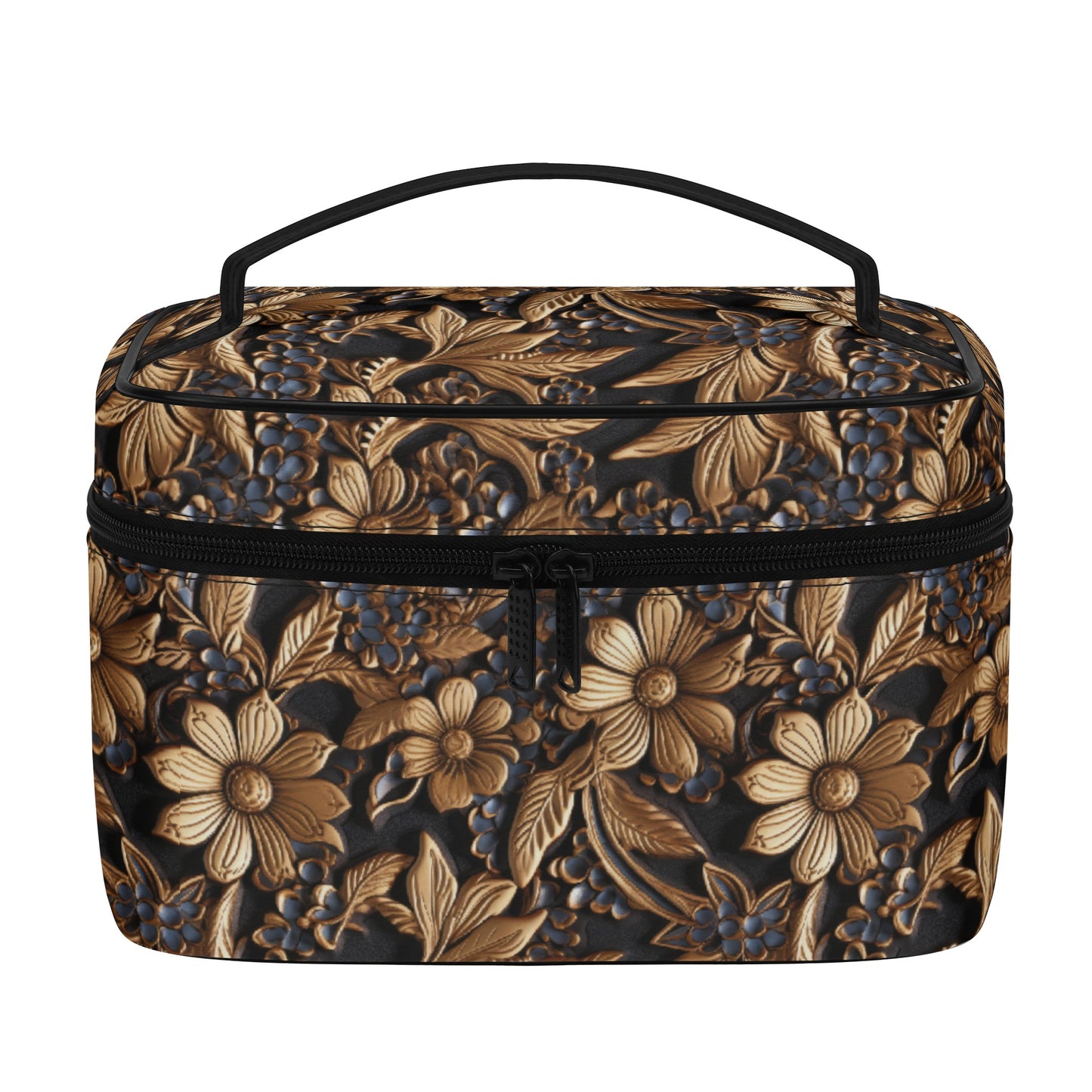 Tooled Leather Print of  Gold Flowers with Blue Accents Print Design - Cosmetic or Toiletry Bag Faux Leather (PU)