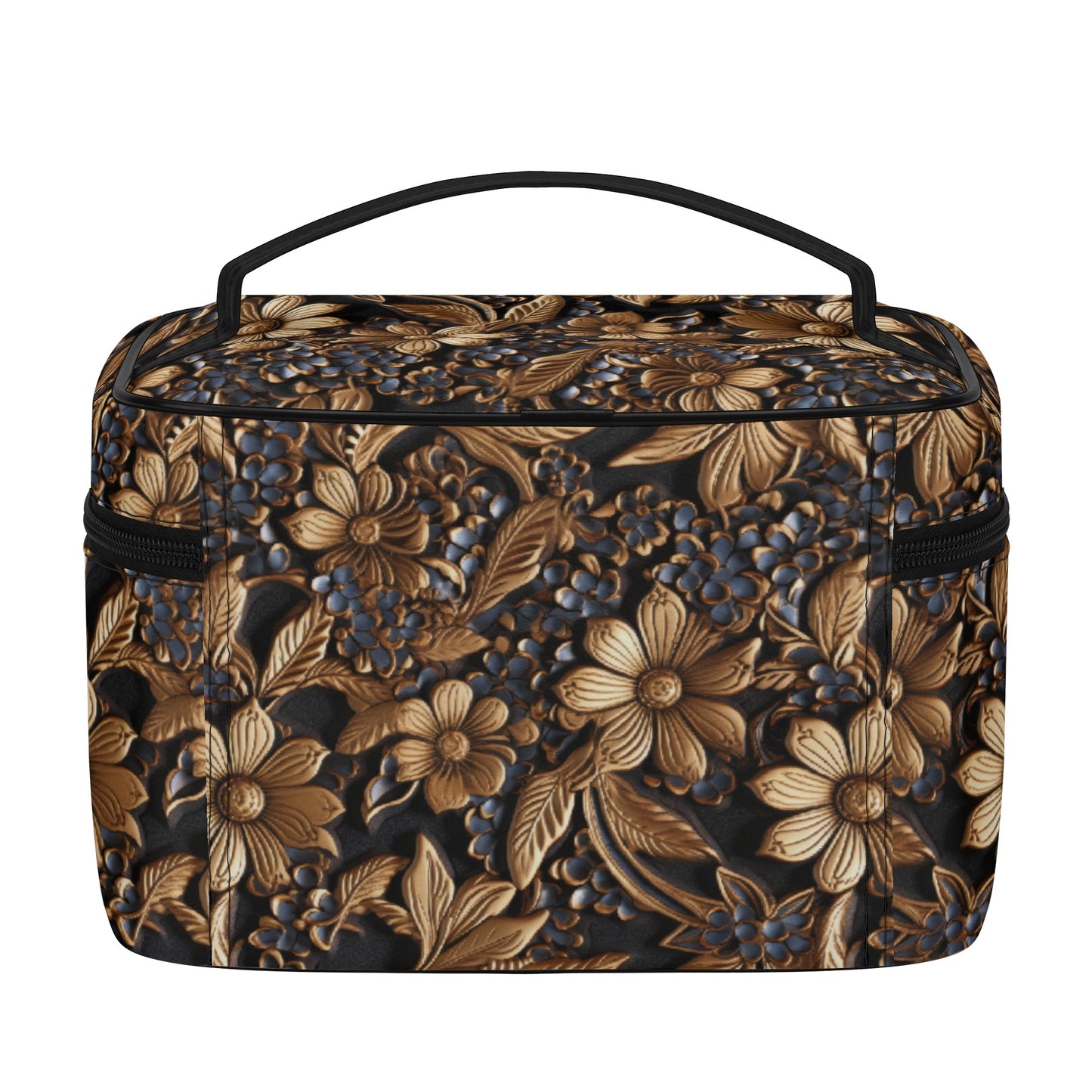 Tooled Leather Print of  Gold Flowers with Blue Accents Print Design - Cosmetic or Toiletry Bag Faux Leather (PU)