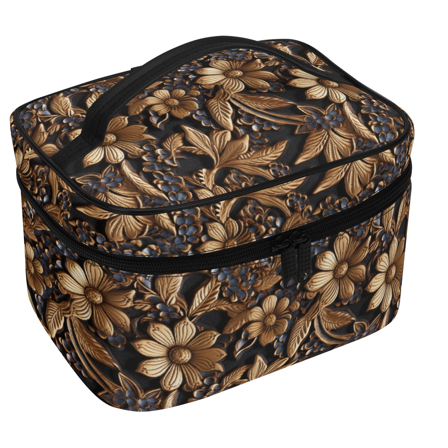 Tooled Leather Print of  Gold Flowers with Blue Accents Print Design - Cosmetic or Toiletry Bag Faux Leather (PU)