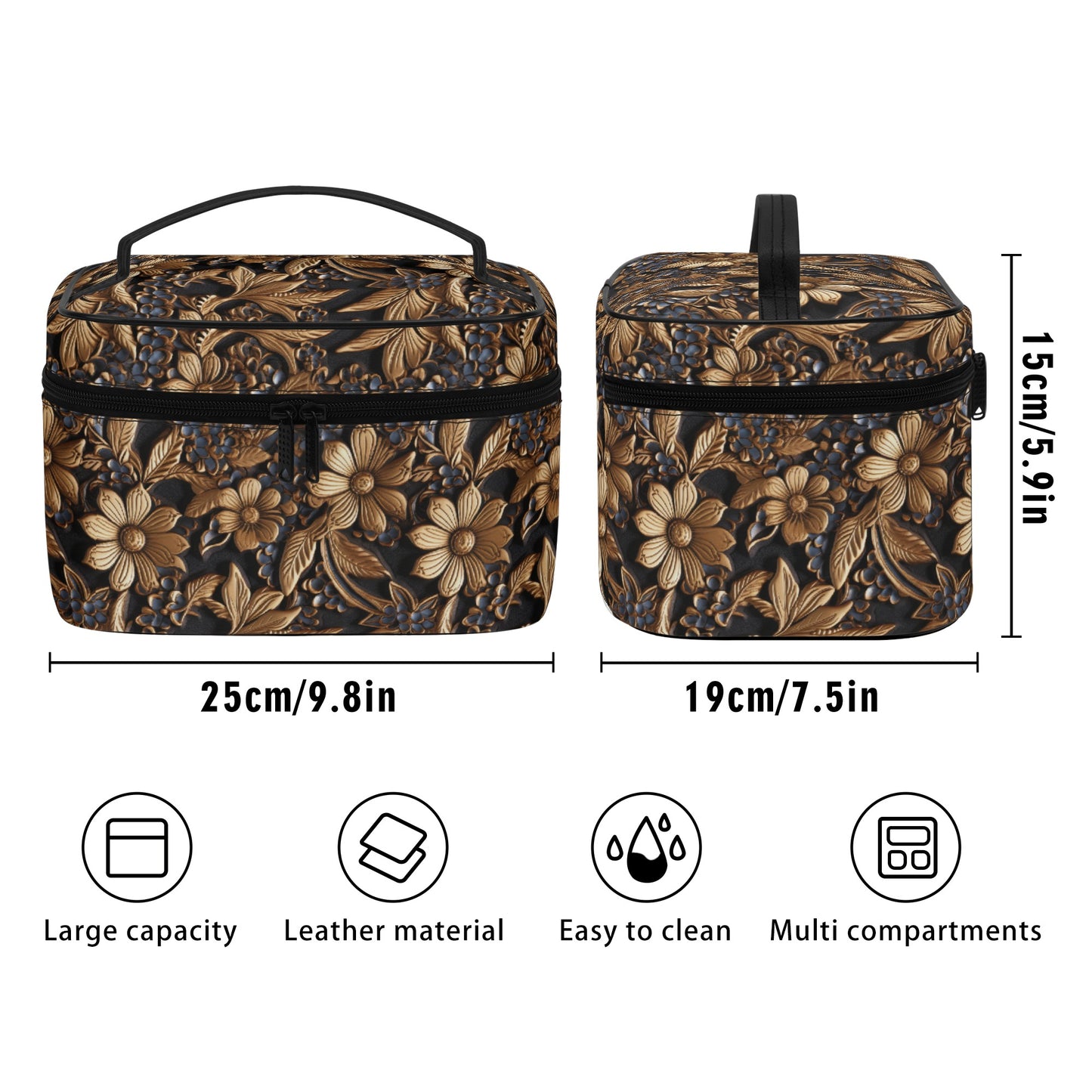 Tooled Leather Print of  Gold Flowers with Blue Accents Print Design - Cosmetic or Toiletry Bag Faux Leather (PU)