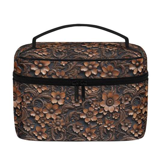 Tooled Print Deep Brown Leather Flowers Print - Cosmetic or Toiletry Bag Faux Leather (PU)