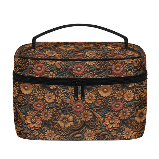 Tooled Print Leather Flowers with Red and Blue Accent Print - Cosmetic or Toiletry Bag Faux Leather (PU)