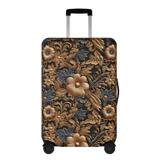 Tooled Leather Gold Flowers with Blue Leaves Accent Print Design  - Luggage Protector and Cover 3 Sizes