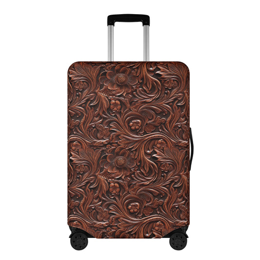 Rustic Tooled Deep Brown Leather Flowers with Leaf Accents Print Design  - Luggage Protector and Cover 3 Sizes