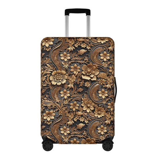 Tooled Leather Large Gold Flowers with Blue Leaf Swirl Accents Print Design  - Luggage Protector and Cover 3 Sizes