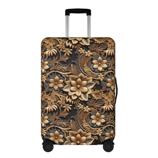 Tooled Gold Leather Flowers with Blue Accent Print Design  - Luggage Protector and Cover 3 Sizes