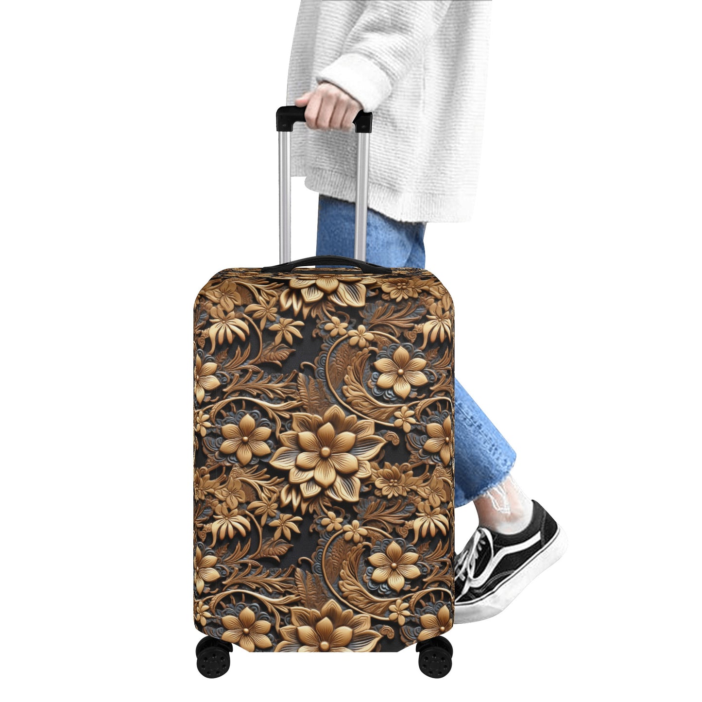 Tooled Gold Leather Flowers with Blue Accent Print Design  - Luggage Protector and Cover 3 Sizes