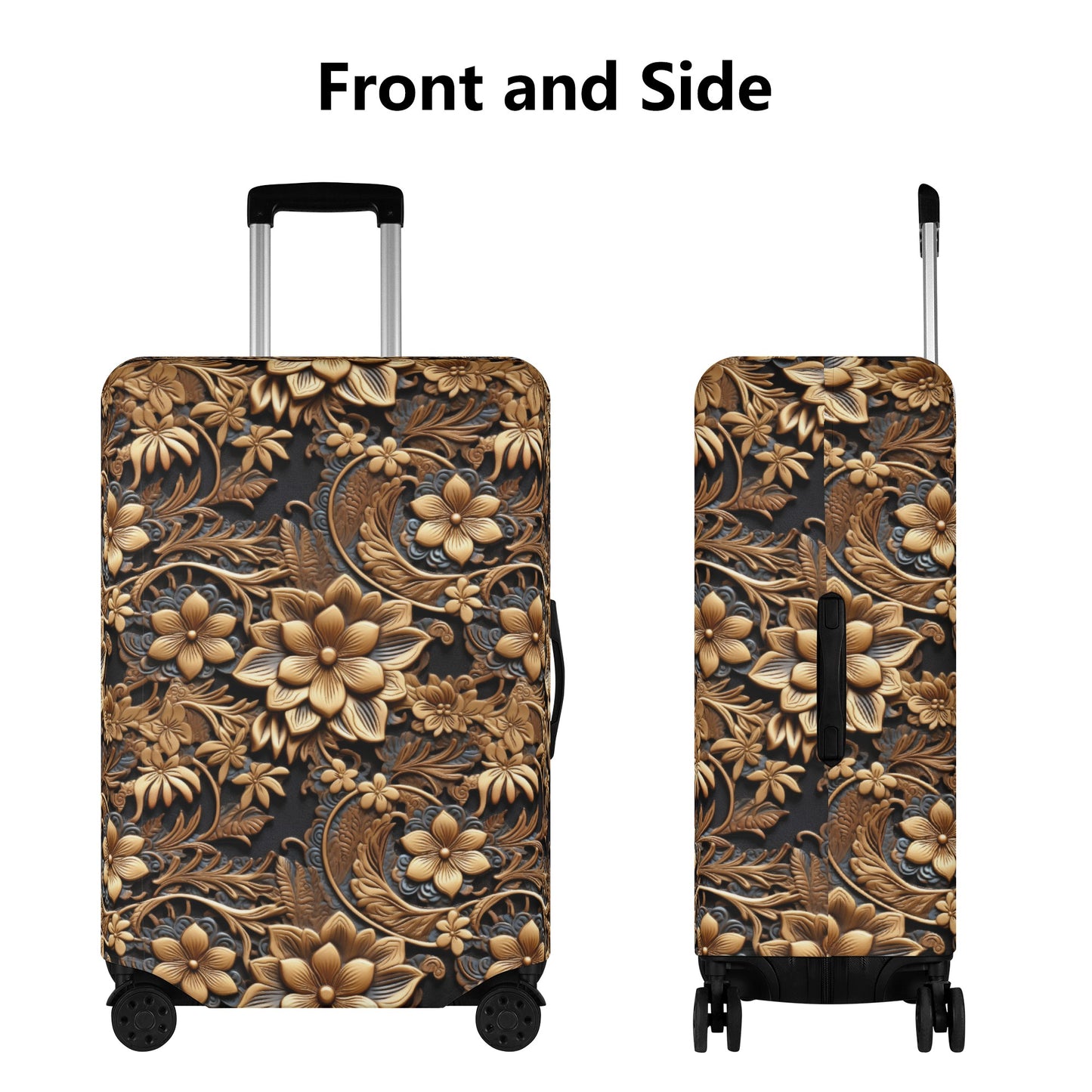 Tooled Gold Leather Flowers with Blue Accent Print Design  - Luggage Protector and Cover 3 Sizes