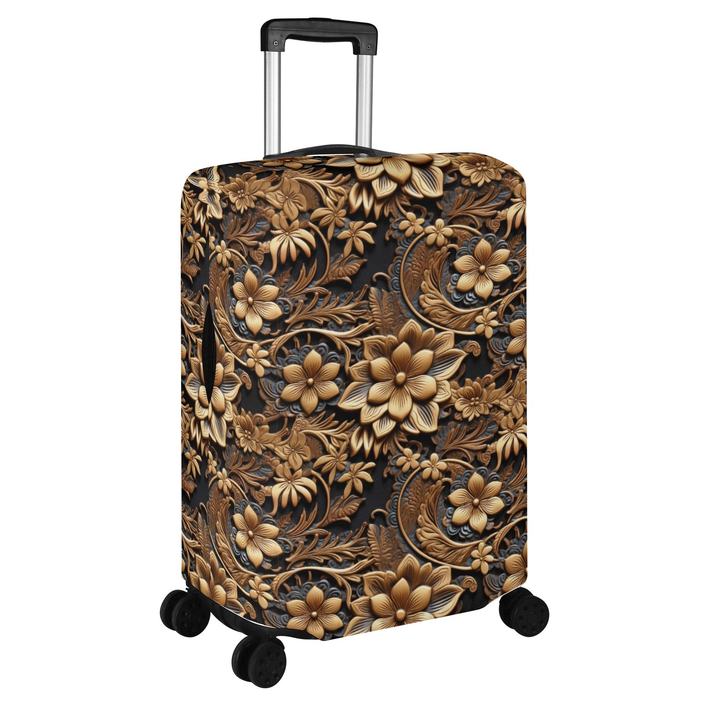 Tooled Gold Leather Flowers with Blue Accent Print Design  - Luggage Protector and Cover 3 Sizes