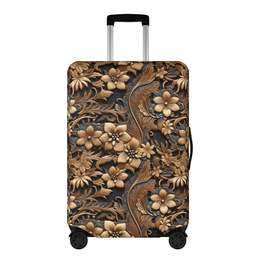 Tooled Leather Large Gold Flowers with Blue Swirl Accents Print Design  - Luggage Protector and Cover 3 Sizes