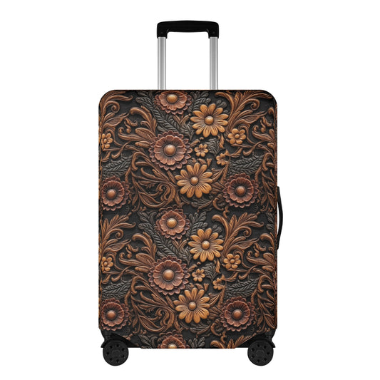 Tooled Leather Large Red & Gold Flowers with Blue Accents Print Design  - Luggage Protector and Cover 3 Sizes