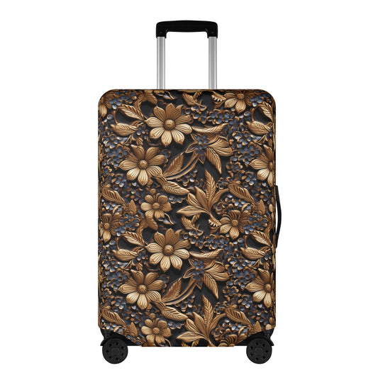 Tooled Leather Gold Flowers with Blue Accents Print Design  - Luggage Protector and Cover 3 Sizes