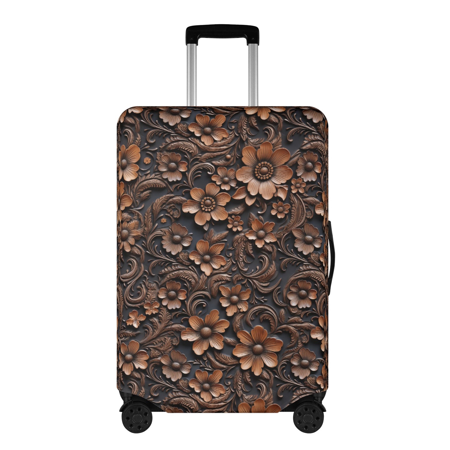 Tooled Deep Brown Leather Flowers Print Luggage Cover in 3 Sizes