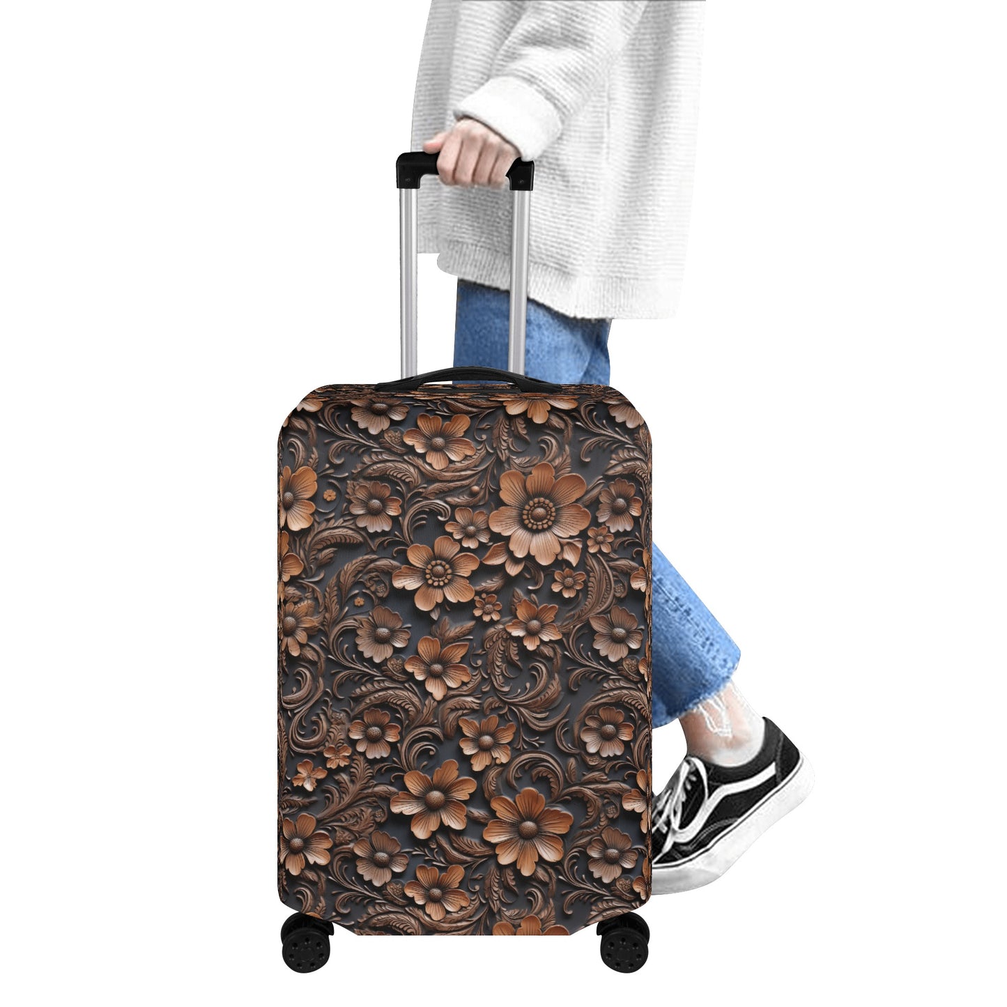 Tooled Deep Brown Leather Flowers Print Luggage Cover in 3 Sizes