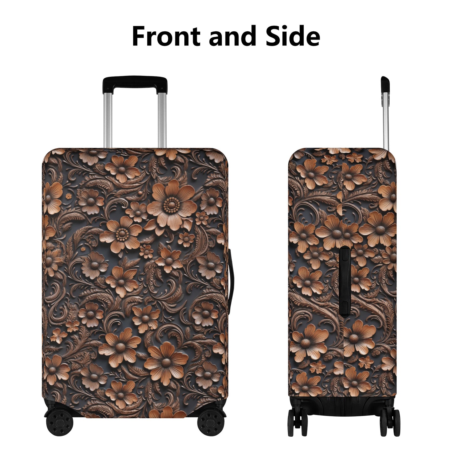 Tooled Deep Brown Leather Flowers Print Luggage Cover in 3 Sizes