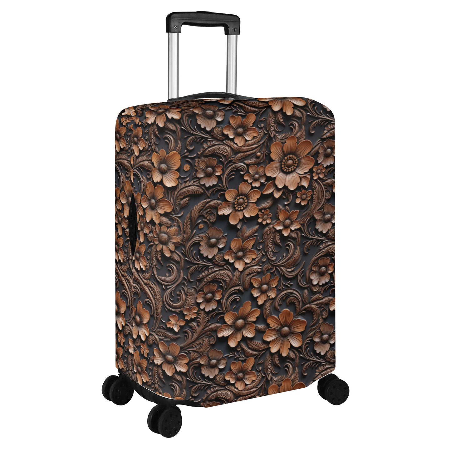 Tooled Deep Brown Leather Flowers Print Luggage Cover in 3 Sizes