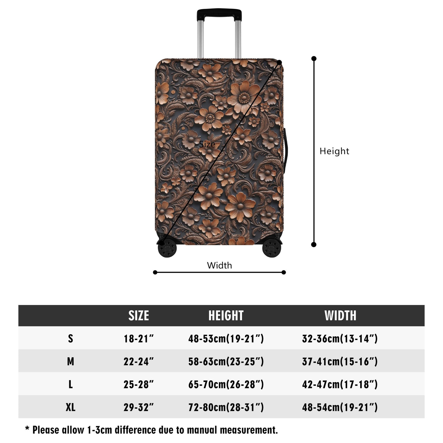 Tooled Deep Brown Leather Flowers Print Luggage Cover in 3 Sizes